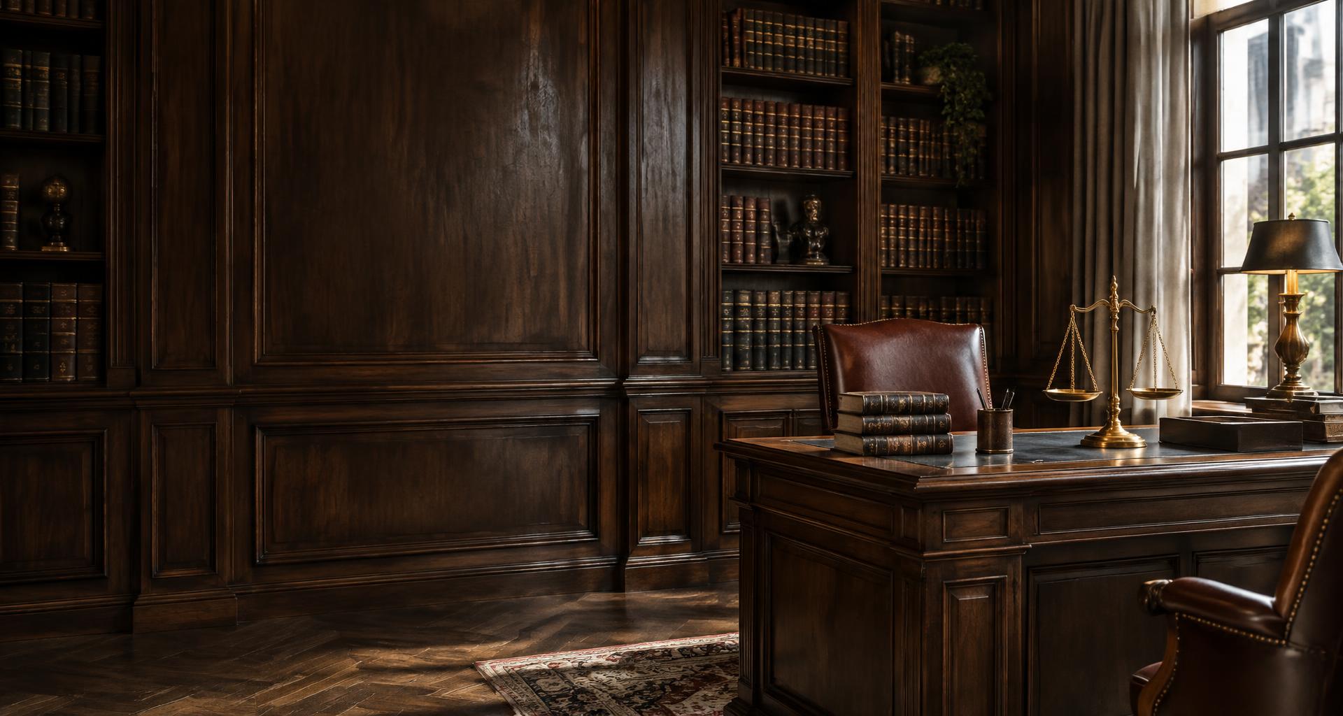 Biblioteca clássica com painéis de madeira, livros jurídicos e balança da justiça